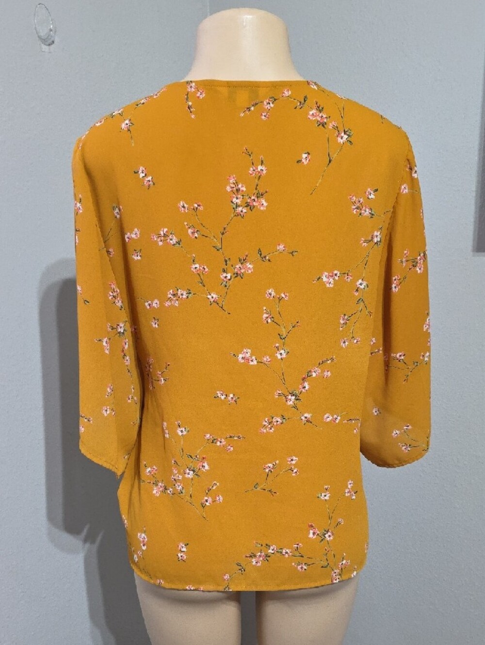 Express Mustard Floral Side-Tie Wrap Top Size L - Picture 7 of 12